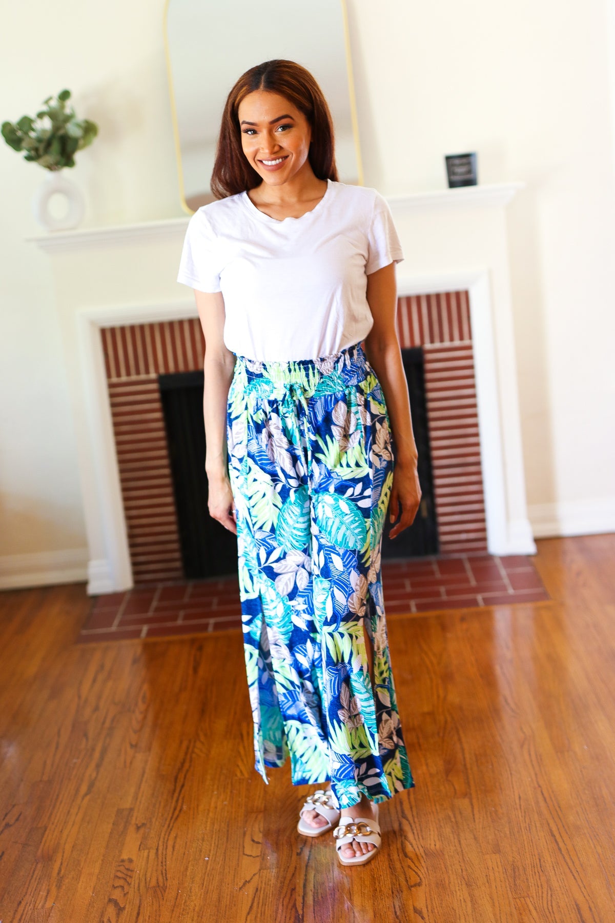 Tropical Boho Smocked Waist Side Slit Palazzo Pants – Texsis