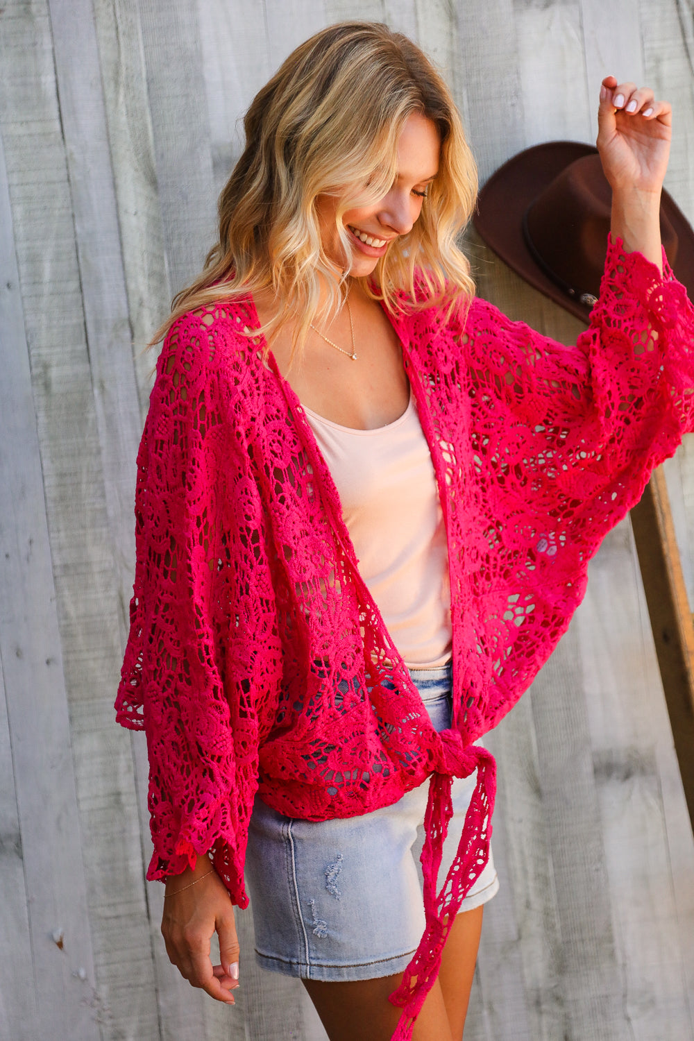Beautiful You Fuchsia Crochet Front Tie Bell Sleeve Cardigan