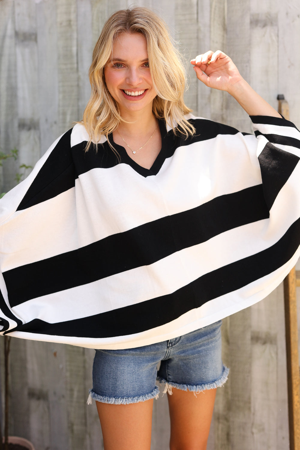 The Traveler Black/White Stripe Dolman Notch Neck Sweater Poncho