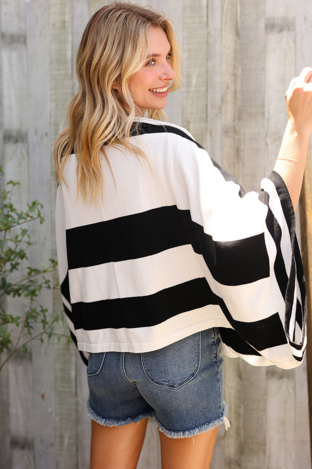 The Traveler Black/White Stripe Dolman Notch Neck Sweater Poncho