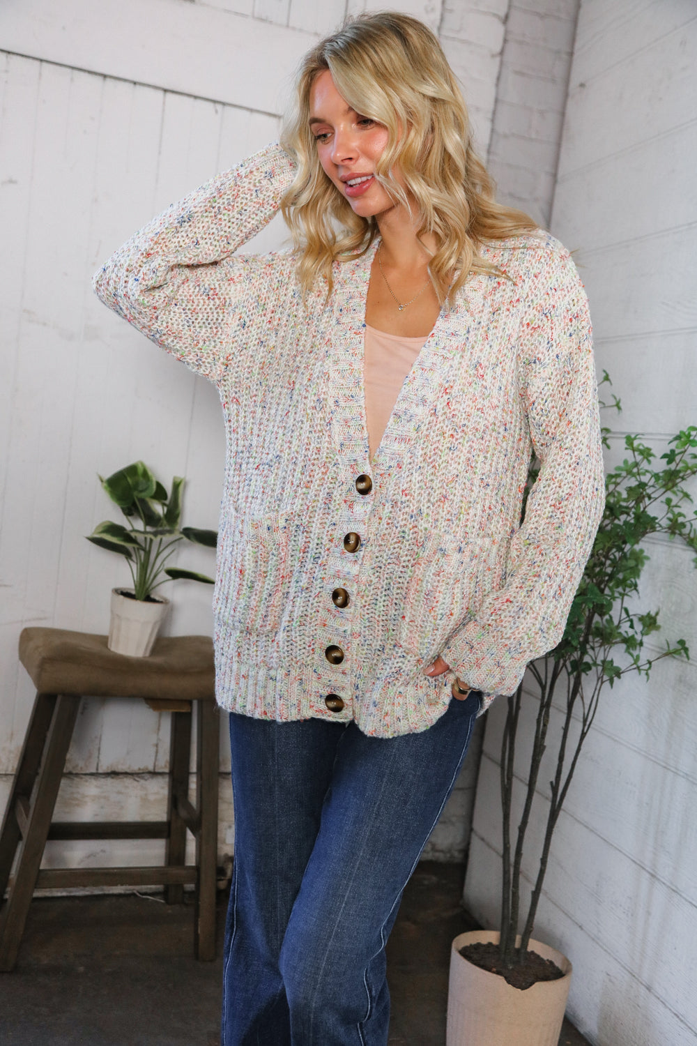 Cozy in Confetti Pocketed Button Cardigan