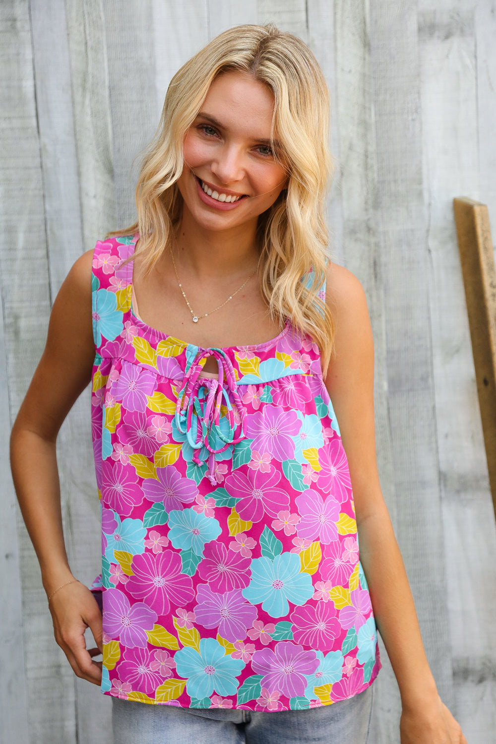 Summer Vibes Fuchsia Square Neck Floral Bow Tie Top