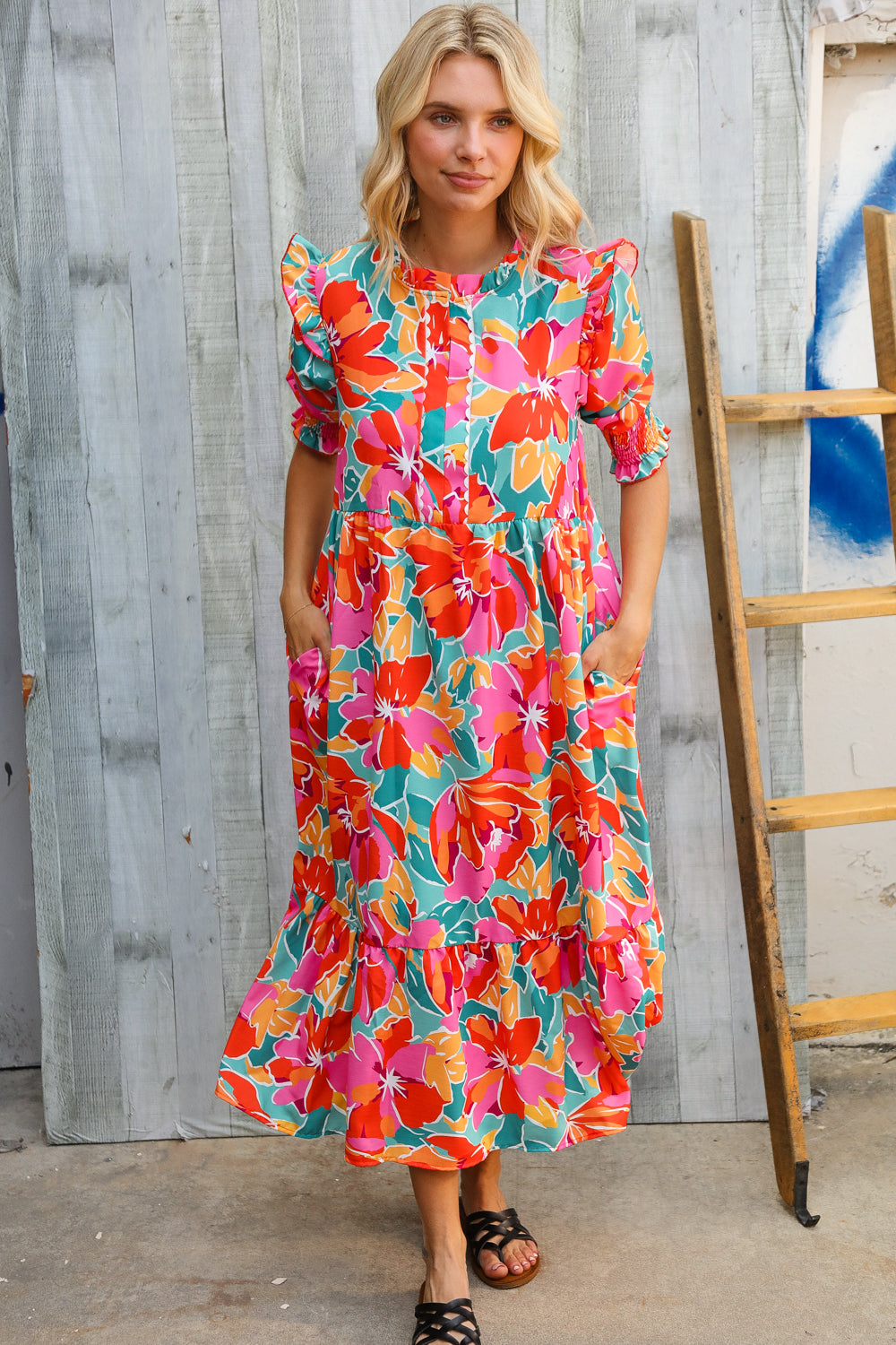 Dazzle In Orange & Aqua Floral Smocked Notched Neck Midi Dress