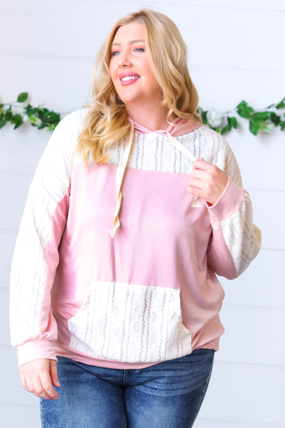Blush Ivory Eyelet Lace Color Block Pullover Hoodie