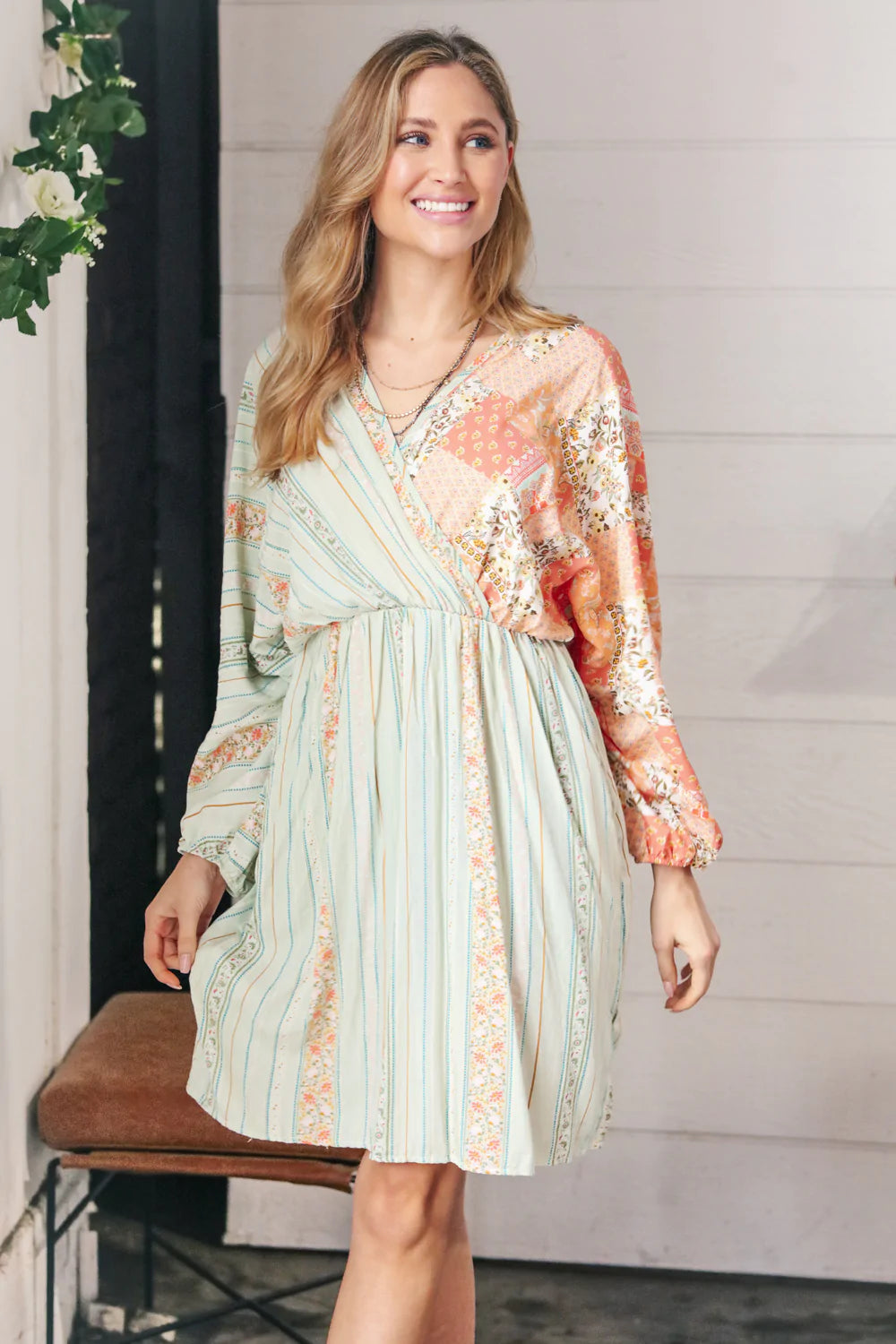 Lime Floral Patchwork Surplice Color Block Dress