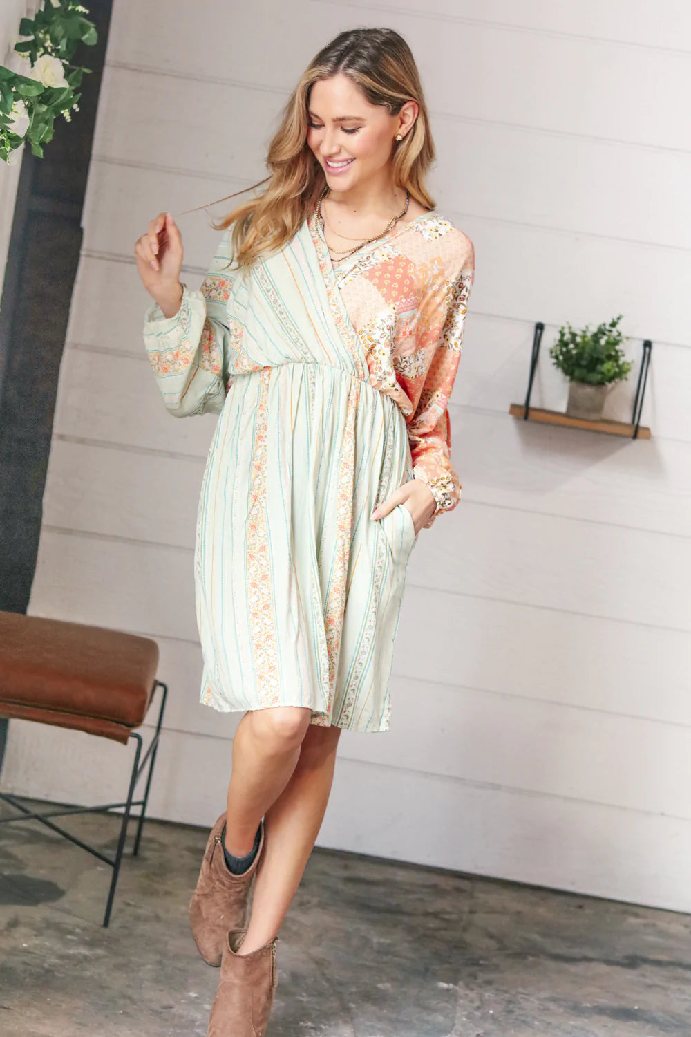 Lime Floral Patchwork Surplice Color Block Dress