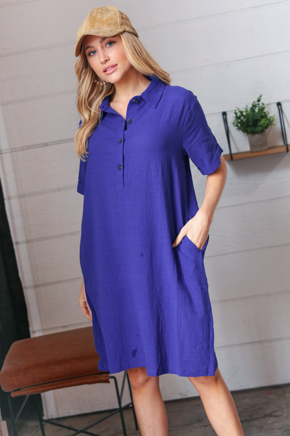 Off Blue Cotton Placard Yoke Midi Dress