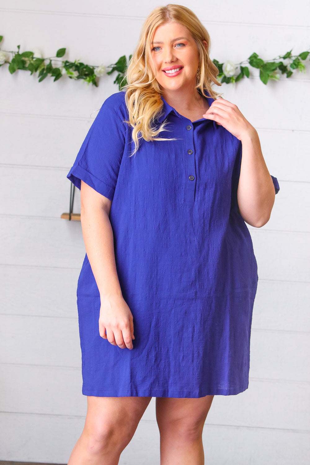 Off Blue Cotton Placard Yoke Midi Dress
