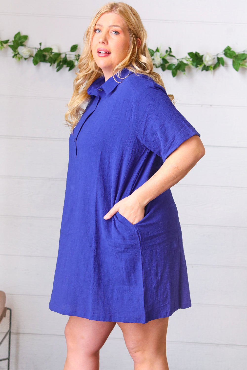 Off Blue Cotton Placard Yoke Midi Dress