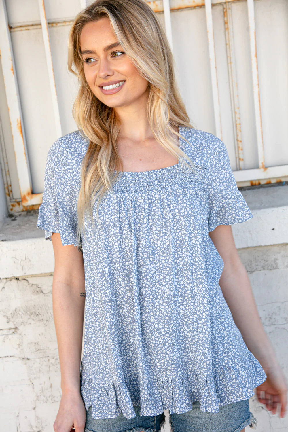 Ditzy Floral Smock Square Neck Top