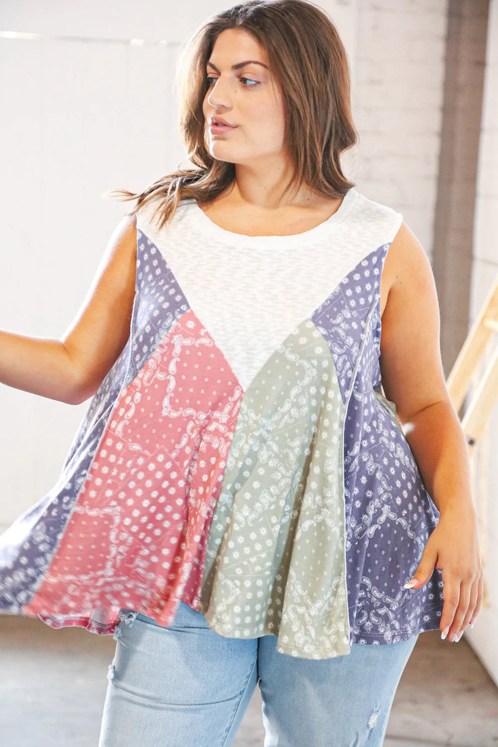 Ditzy Floral Color Block Two-Tone Terry Swing Tank