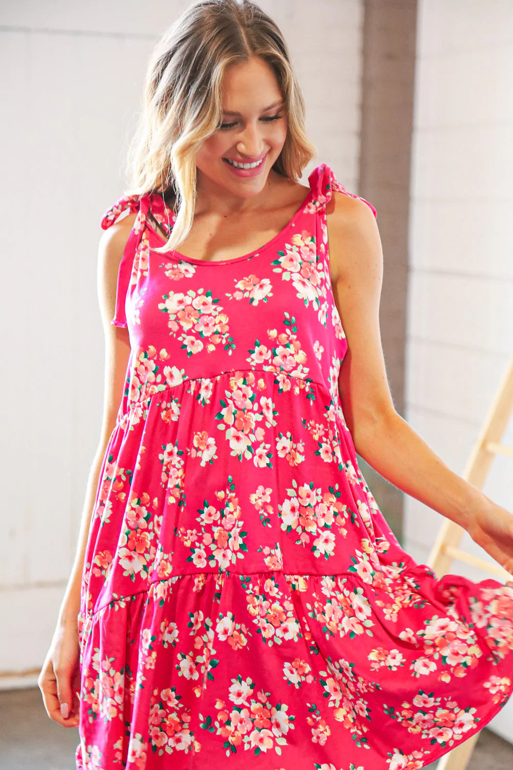 Hot Pink Floral Shoulder Tie Knot Tiered Dress