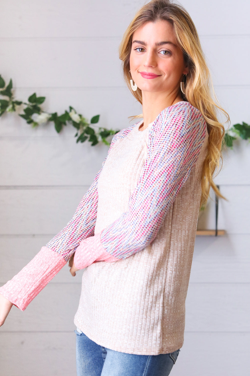 Taupe Two Tone Rib Chevron Button Raglan Top