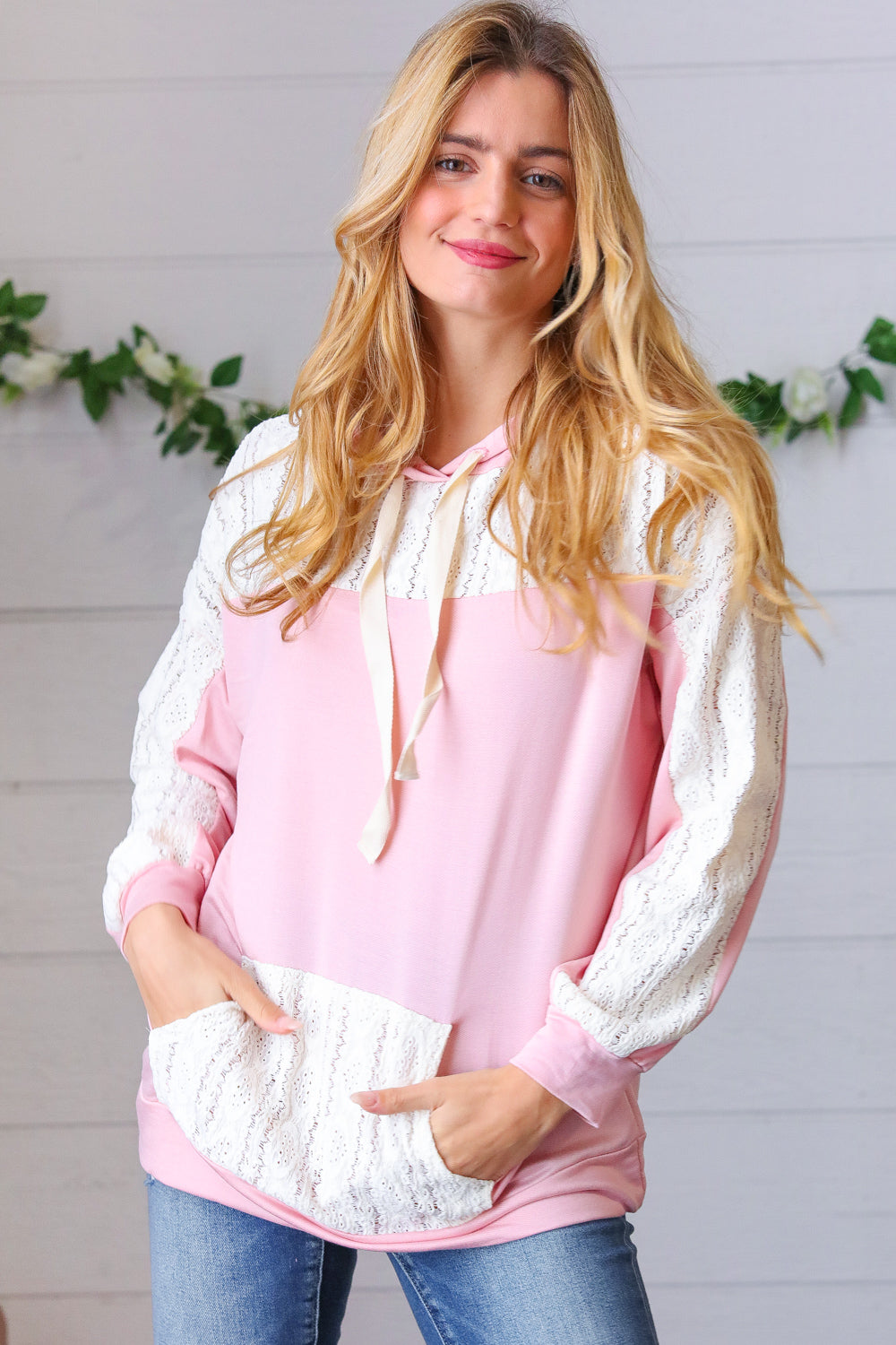 Blush Ivory Eyelet Lace Color Block Pullover Hoodie
