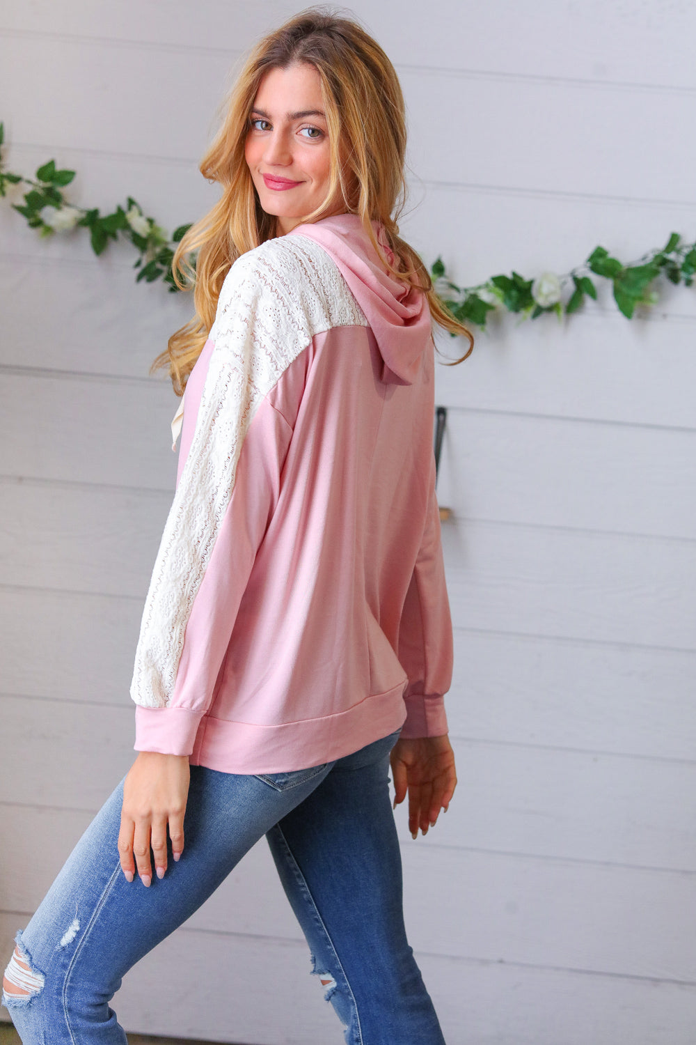 Blush Ivory Eyelet Lace Color Block Pullover Hoodie